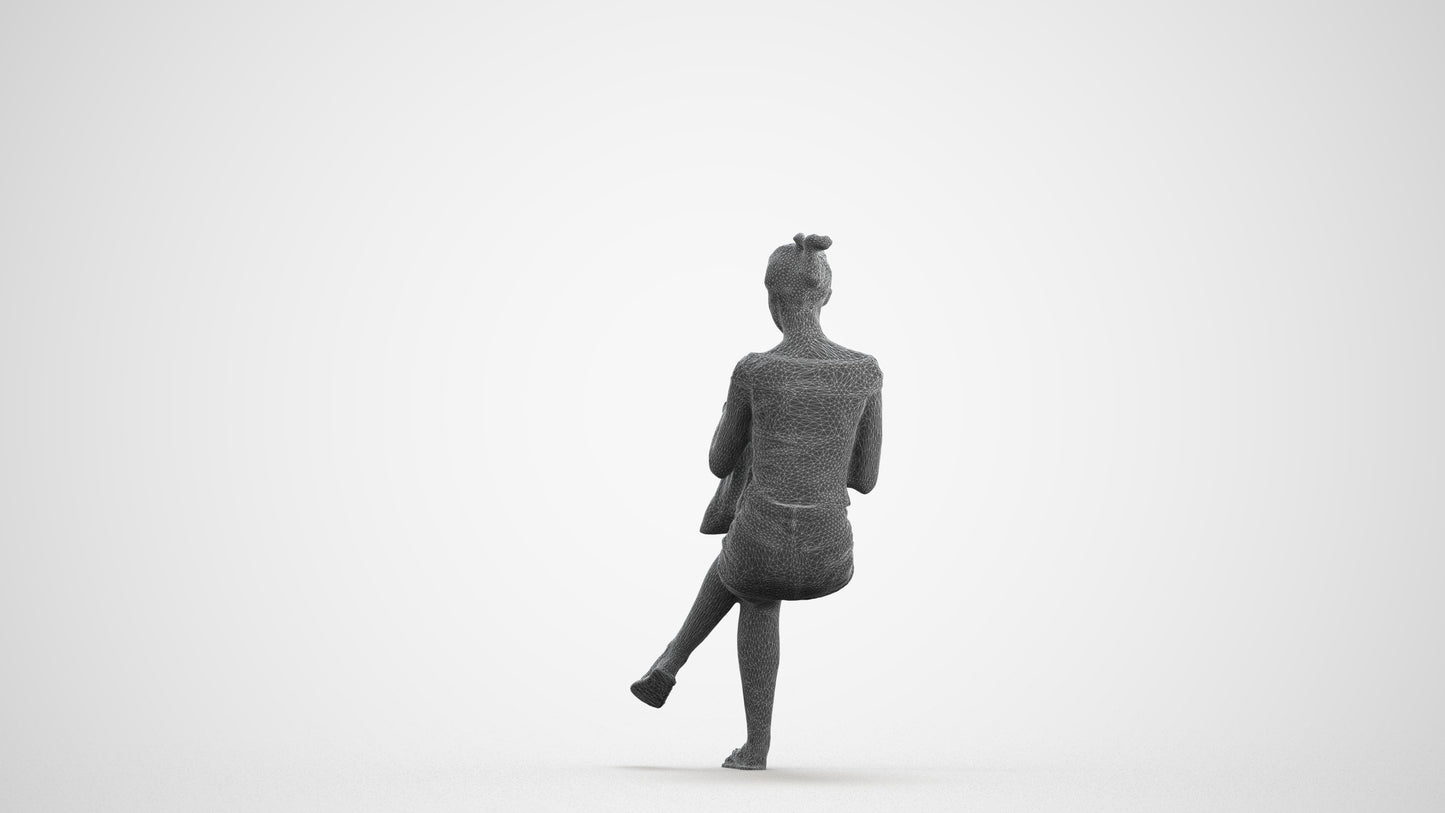 3D human model girl casual sitting, photogrammetry scanned person for archviz, wireframe front view