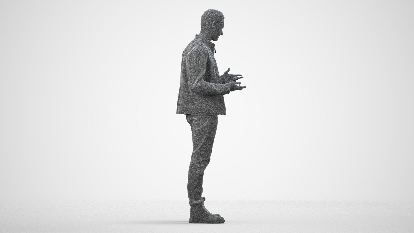 3D human model man casual standing, photogrammetry scanned person for archviz, wireframe side view
