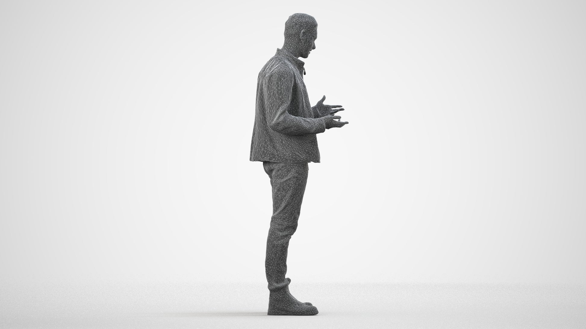 3D human model man casual standing, photogrammetry scanned person for archviz, wireframe side view