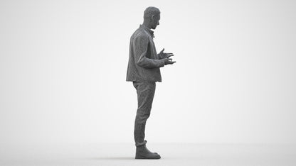 3D human model man casual standing, photogrammetry scanned person for archviz, wireframe side view