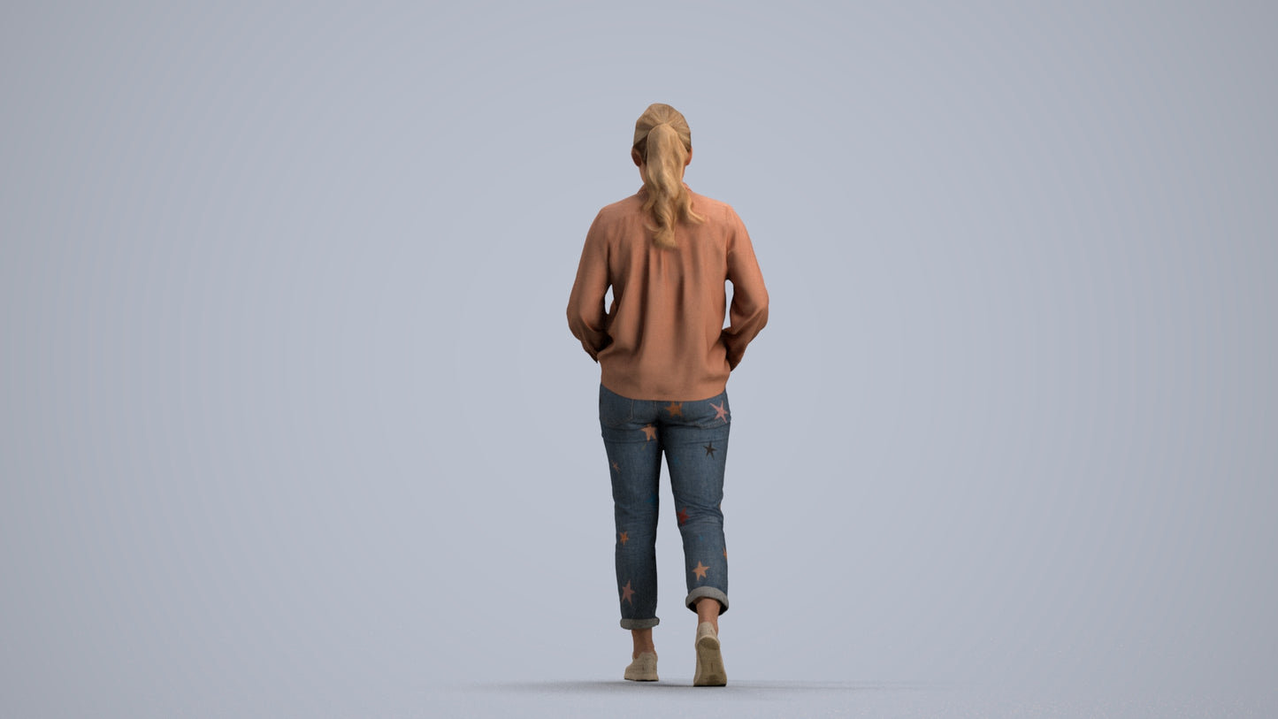 photogrammetry 3D woman casual walking, realistic human model archviz FBX, front view render