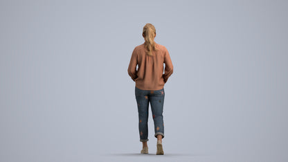 photogrammetry 3D woman casual walking, realistic human model archviz FBX, front view render