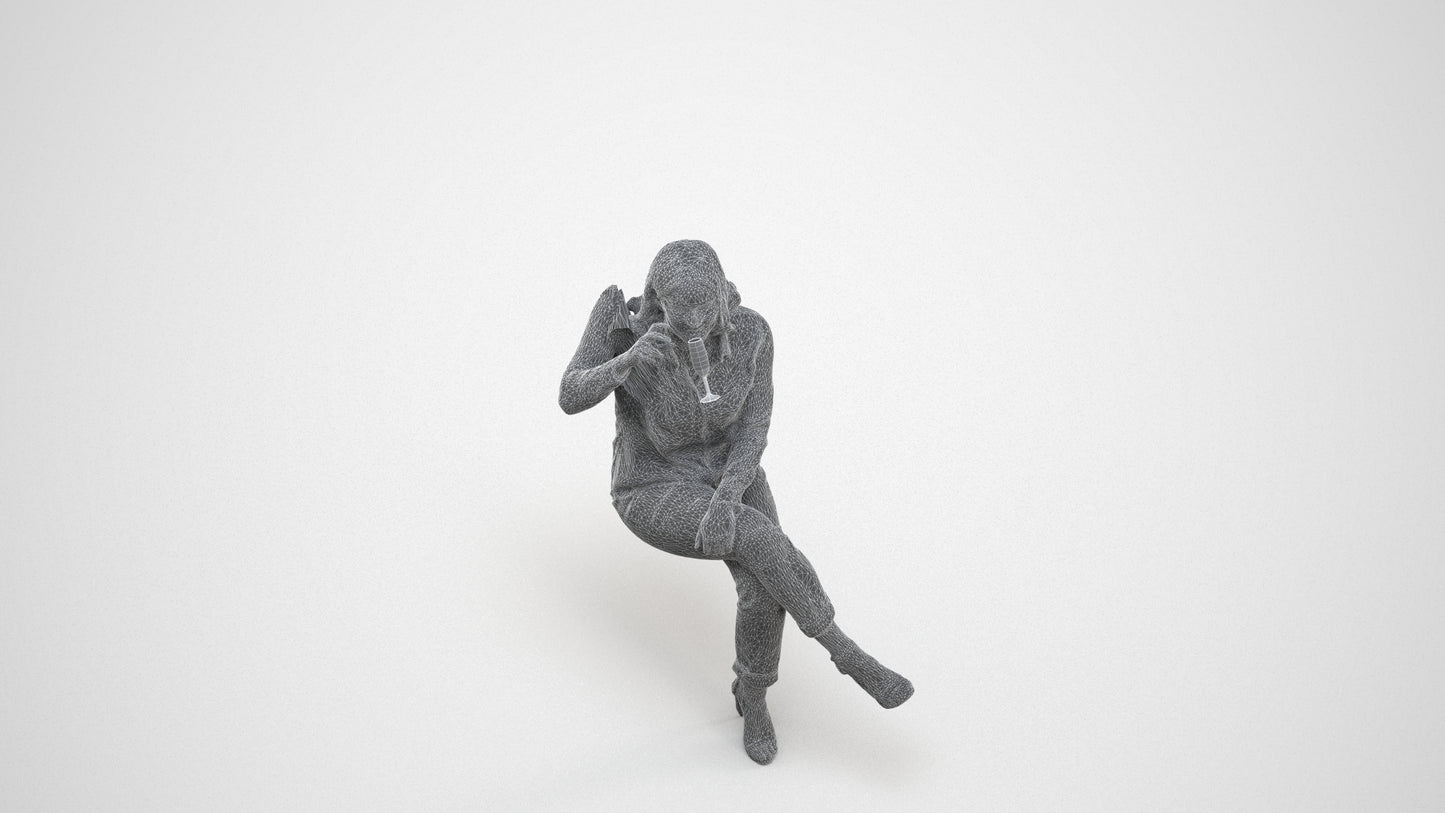 realistic 3D woman casual sitting, scanned archviz people for Blender and 3ds Max, wireframe three-quarter view