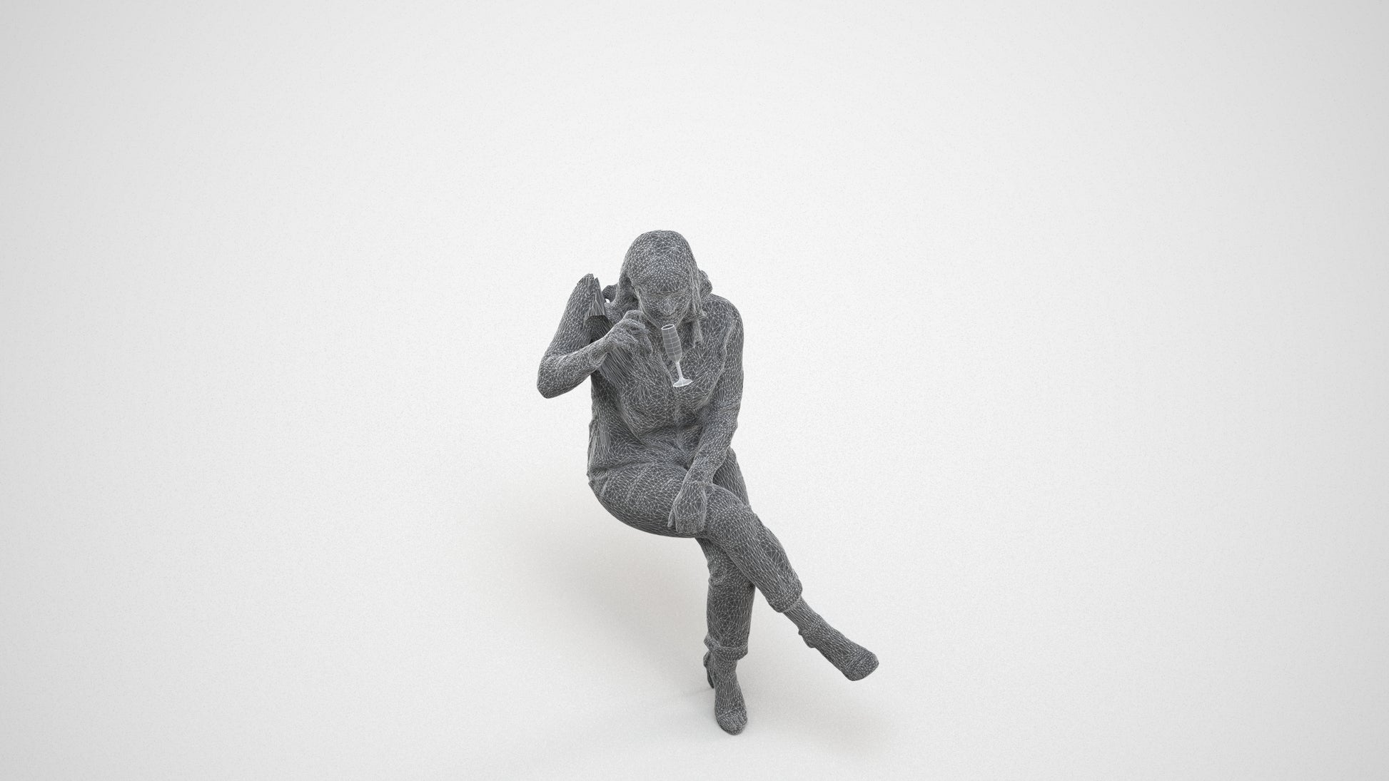realistic 3D woman casual sitting, scanned archviz people for Blender and 3ds Max, wireframe three-quarter view