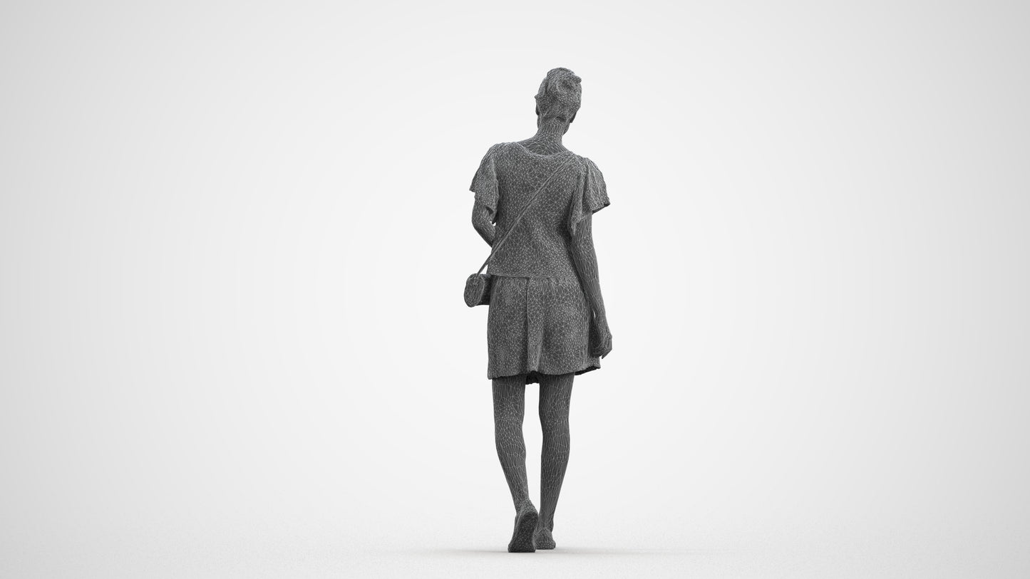 realistic 3D woman casual walking, scanned archviz people for Blender and 3ds Max, wireframe front view