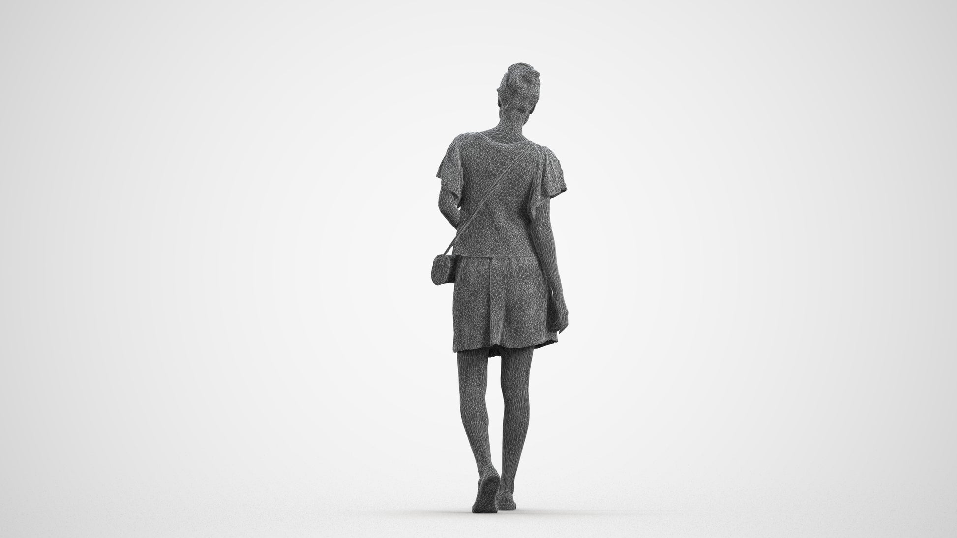 realistic 3D woman casual walking, scanned archviz people for Blender and 3ds Max, wireframe front view