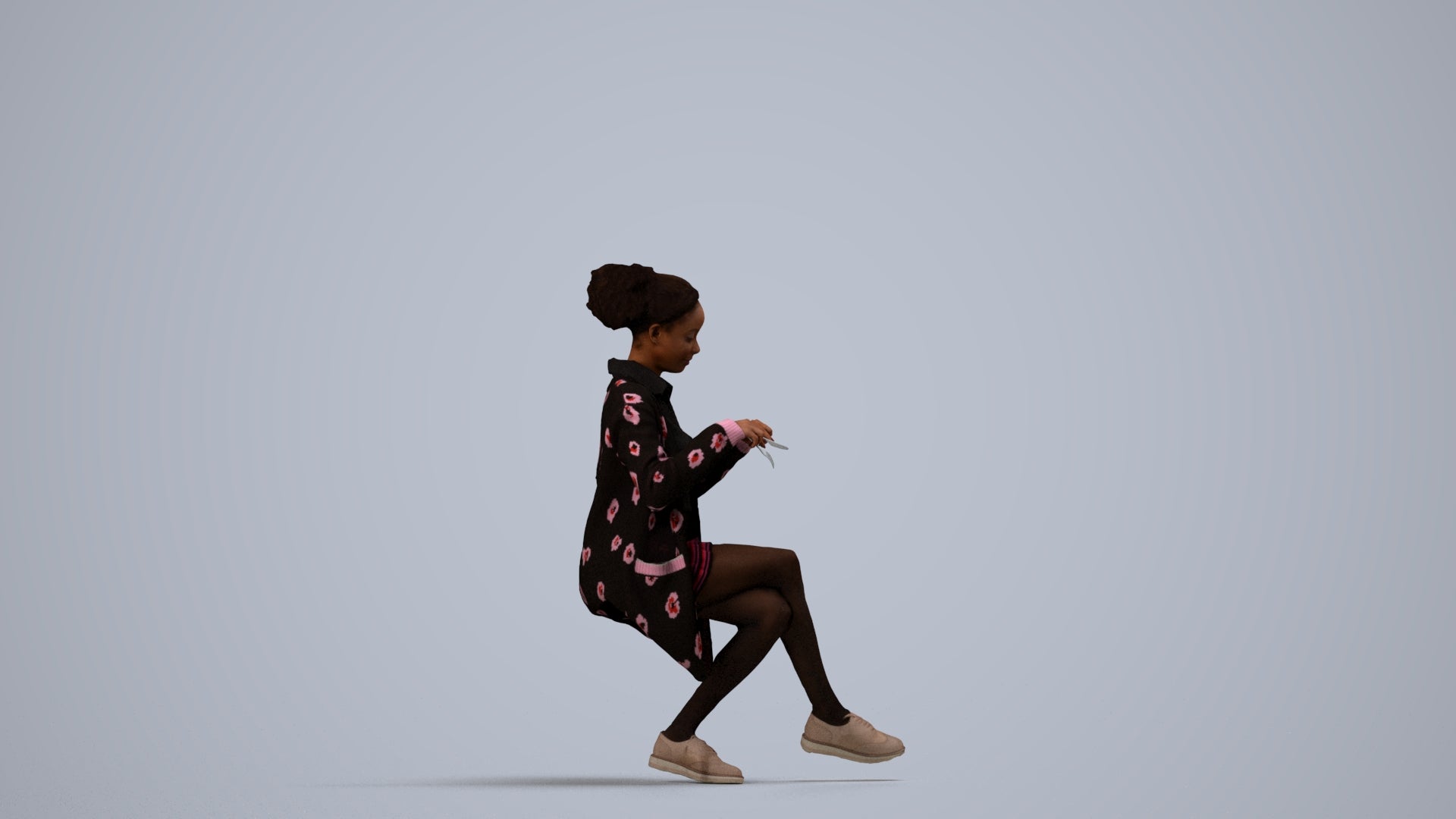 photogrammetry 3D woman casual sitting, realistic human model archviz FBX, side view render