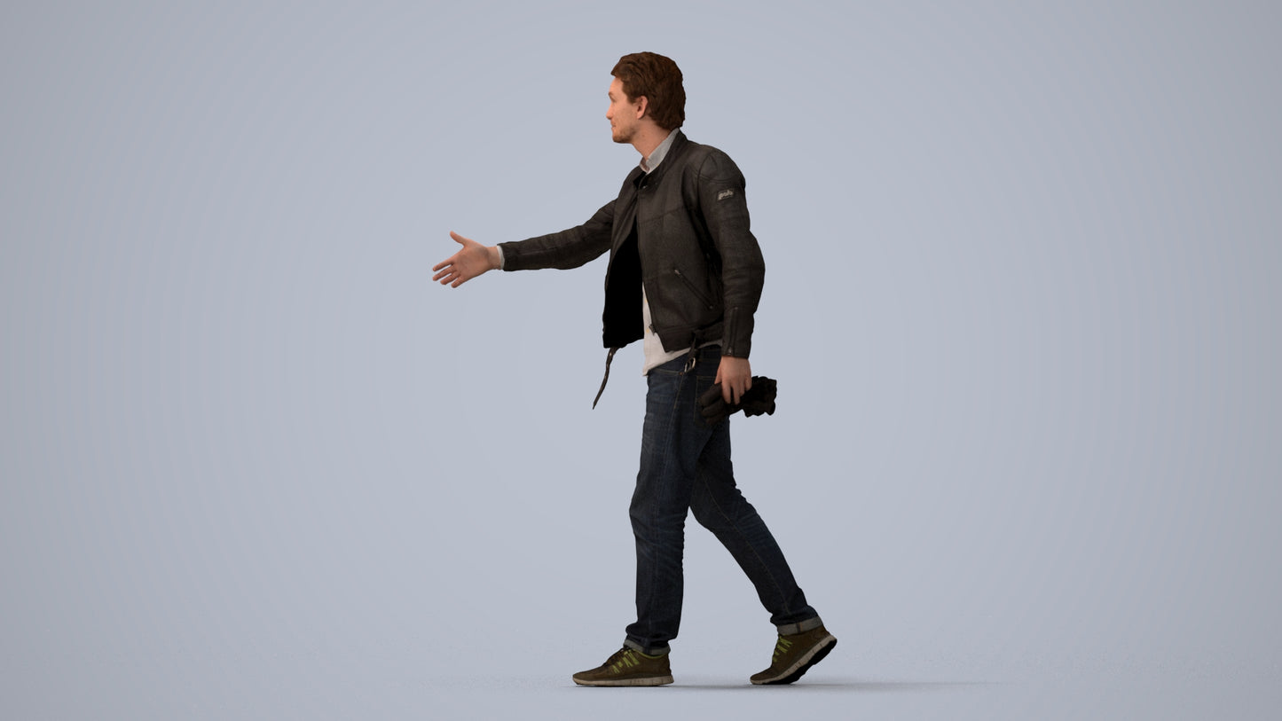 3D human model man casual walking, photogrammetry scanned person for archviz, three-quarter view render