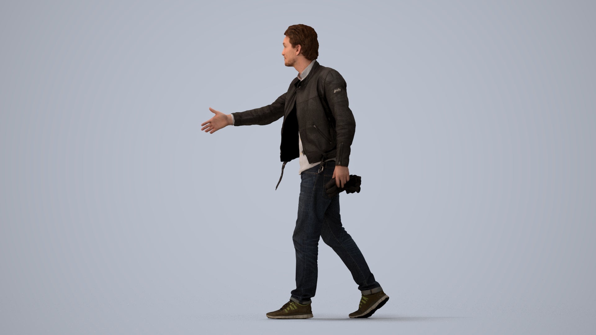 3D human model man casual walking, photogrammetry scanned person for archviz, three-quarter view render