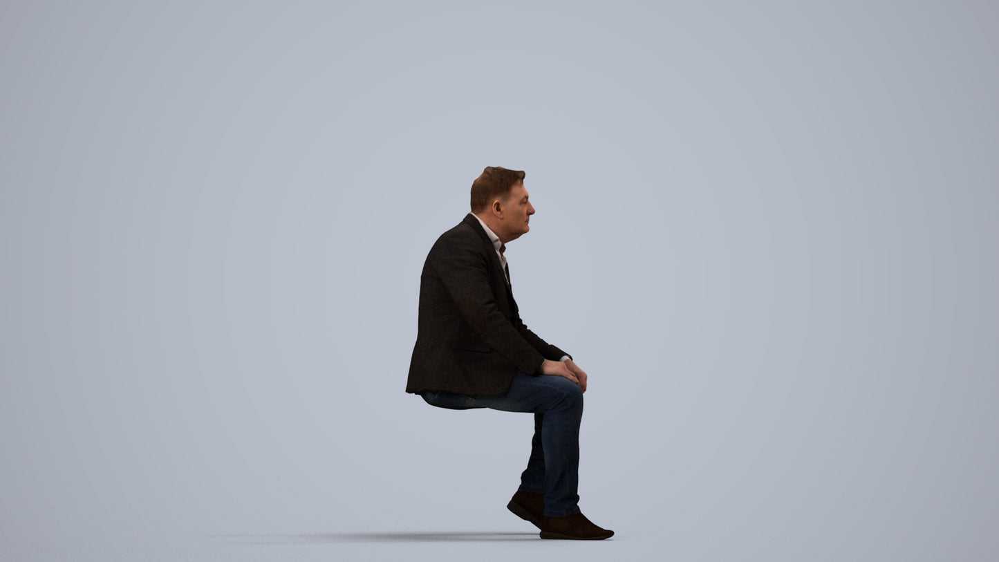 3D human model man business, photogrammetry scanned person for archviz, side view render