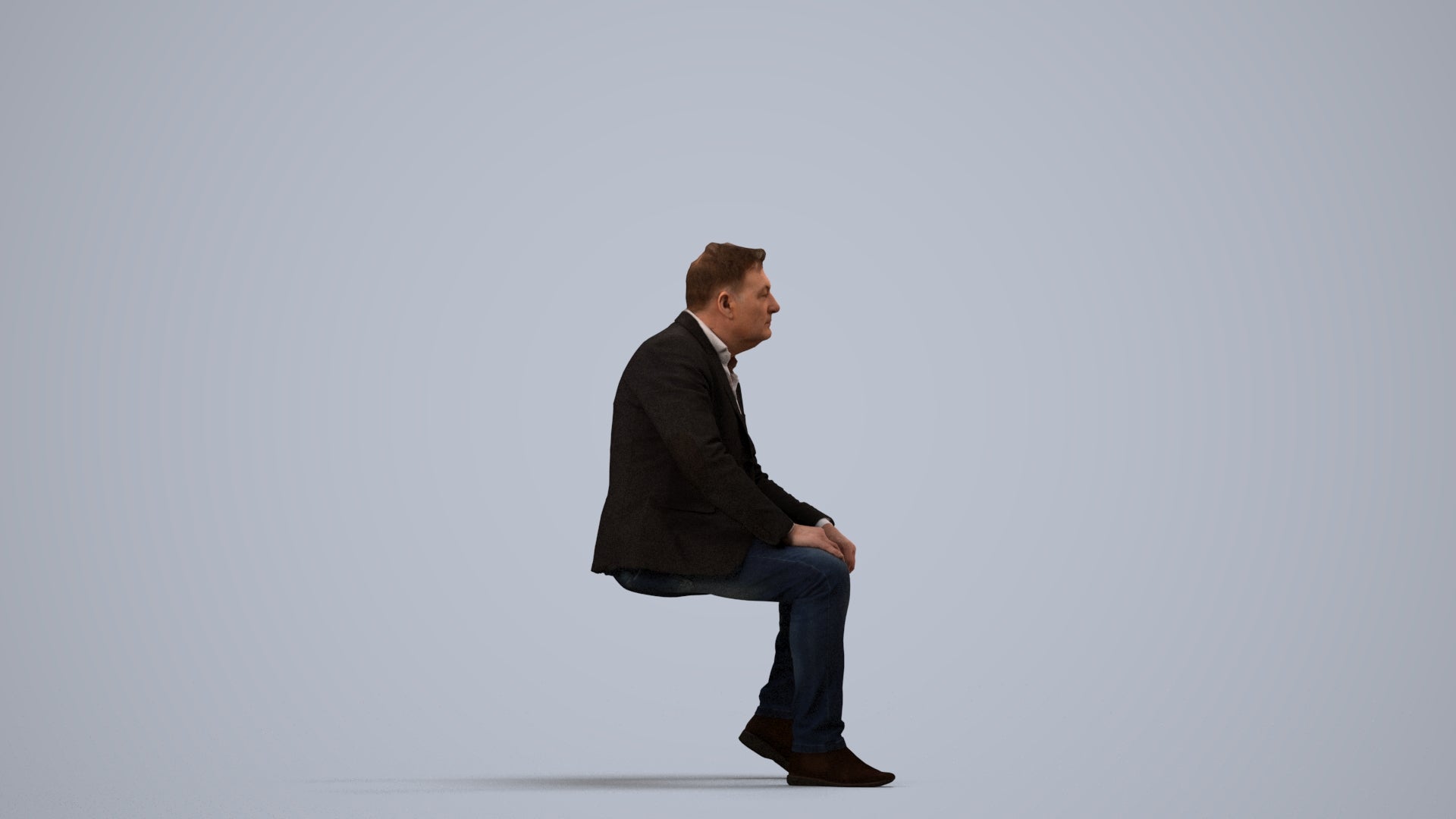 3D human model man business, photogrammetry scanned person for archviz, side view render