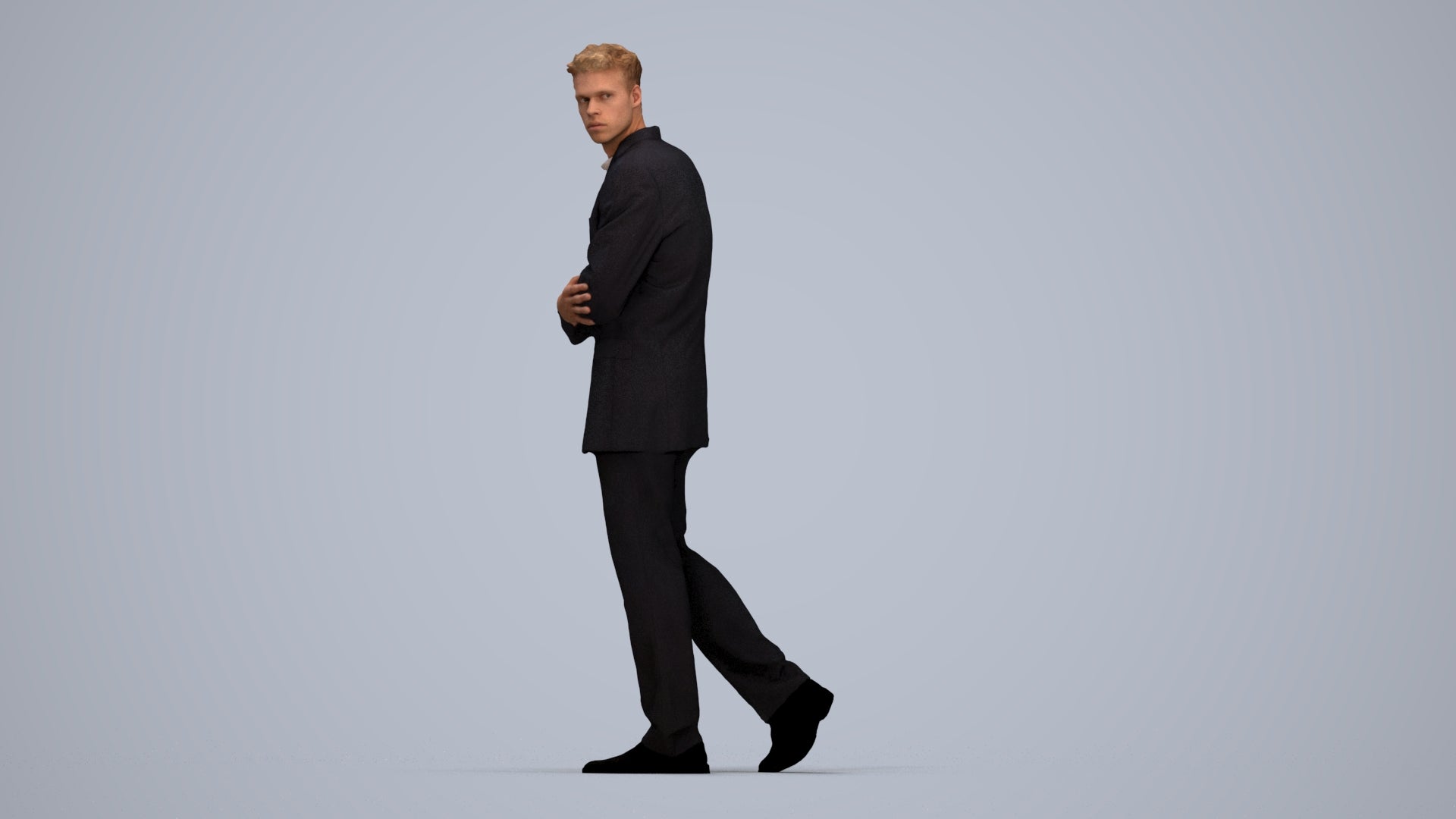 3D human model man business, photogrammetry scanned person for archviz, top-down view render