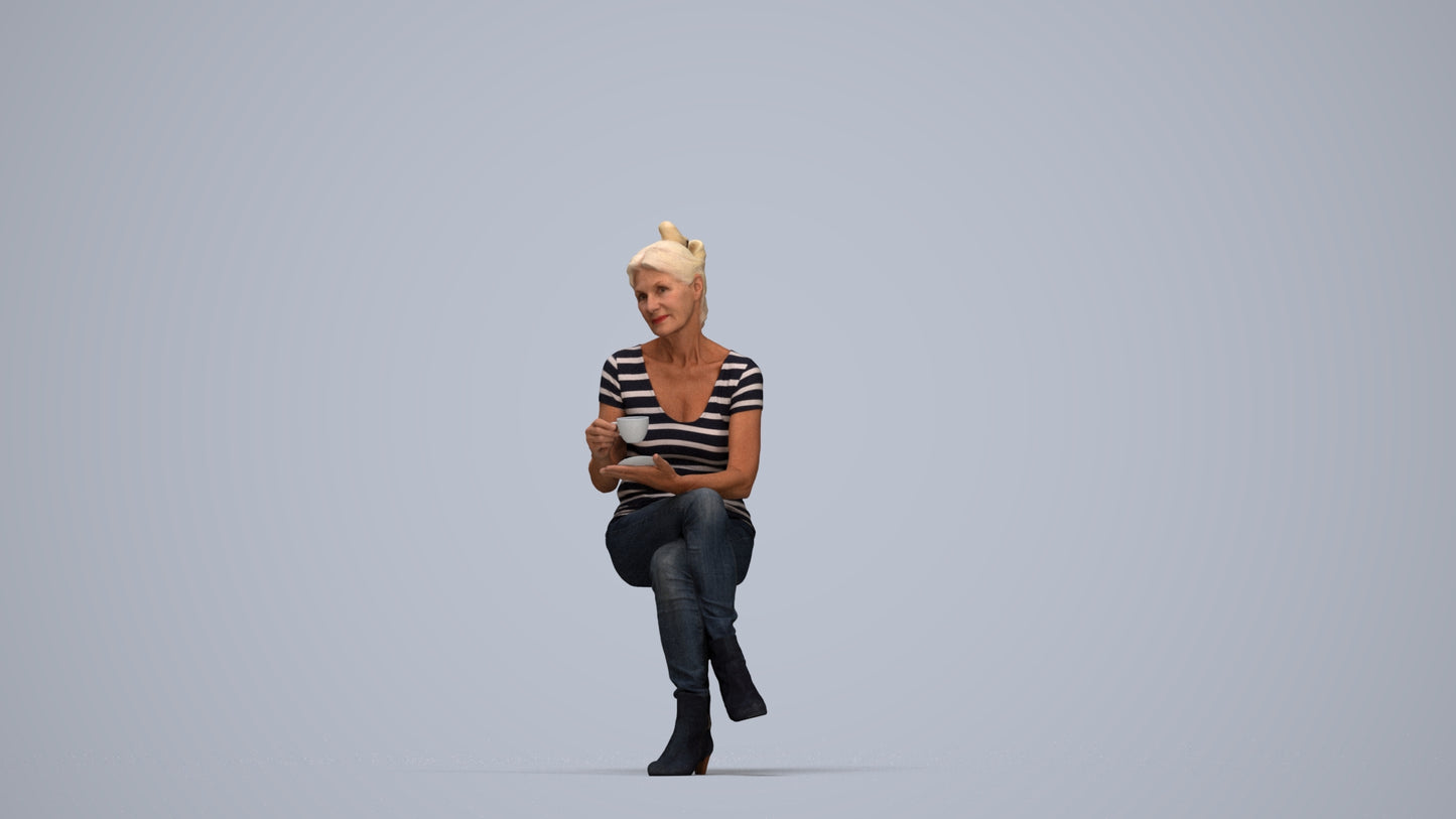 realistic 3D people senior woman casual sitting, render-ready for V-Ray and Corona, FBX OBJ, top-down view render