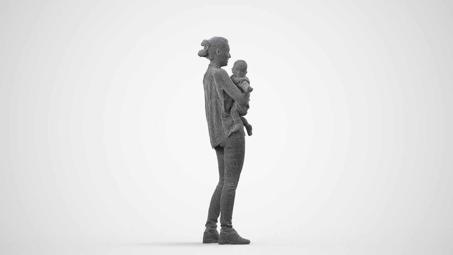 realistic 3D people woman casual kids, render-ready for V-Ray and Corona, FBX OBJ, wireframe side view