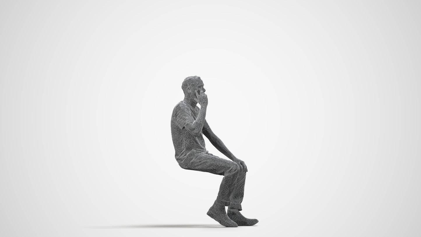 scanned 3D man casual sitting, photogrammetry people for Enscape and V-Ray, wireframe side view