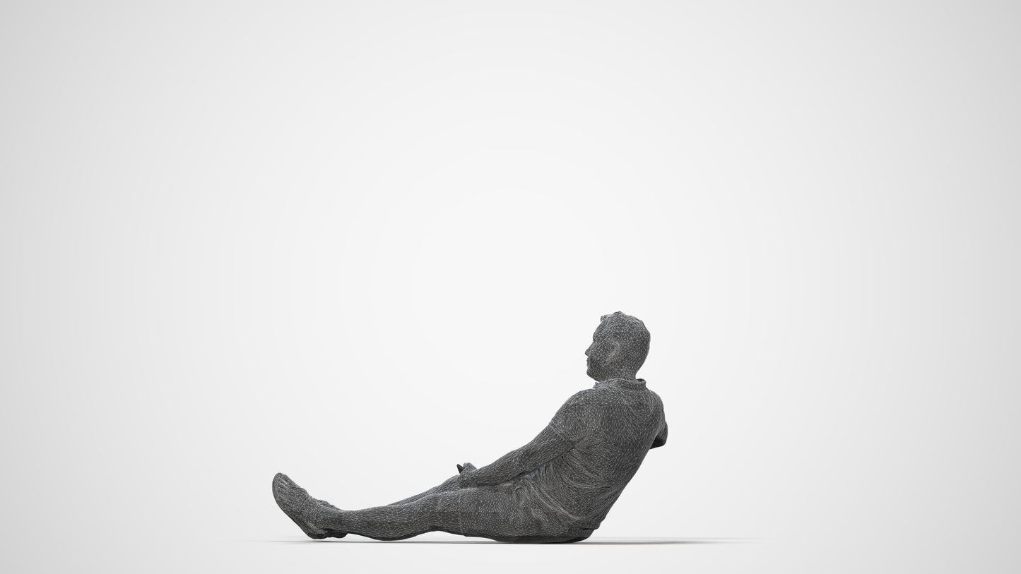 3D scanned man sitting casual, photorealistic archviz people for Enscape and SketchUp, wireframe back view
