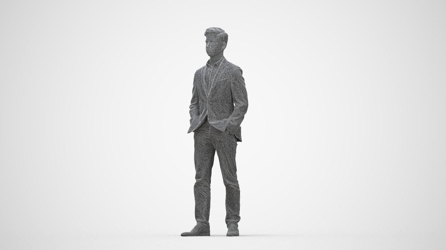 3D people model man business standing, scanned human for 3ds Max rendering, wireframe back view