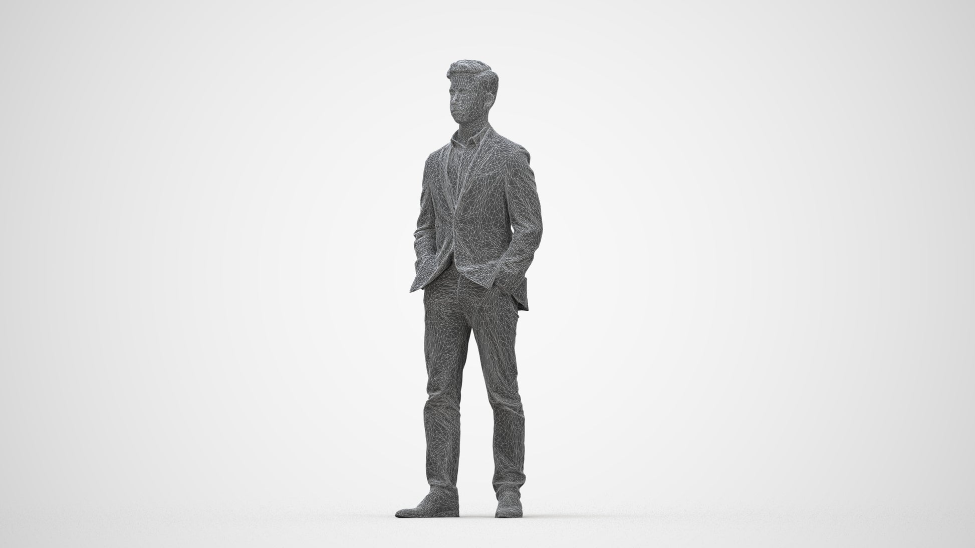 3D people model man business standing, scanned human for 3ds Max rendering, wireframe back view
