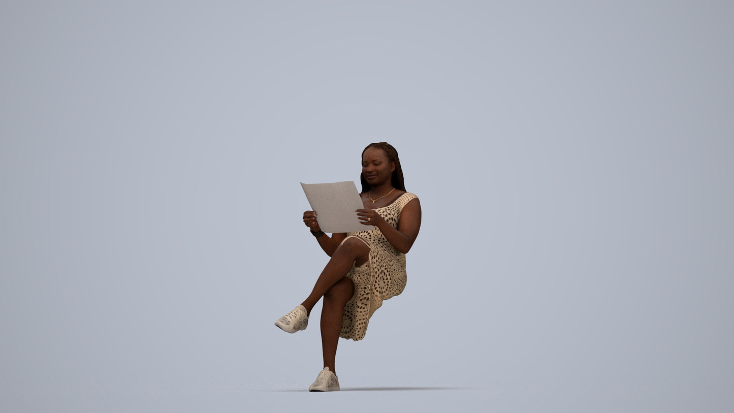 realistic 3D human woman casual sitting, archviz people FBX OBJ for Blender, top-down view render