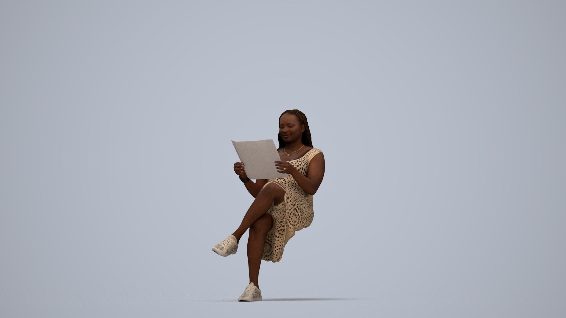 realistic 3D human woman casual sitting, archviz people FBX OBJ for Blender, top-down view render