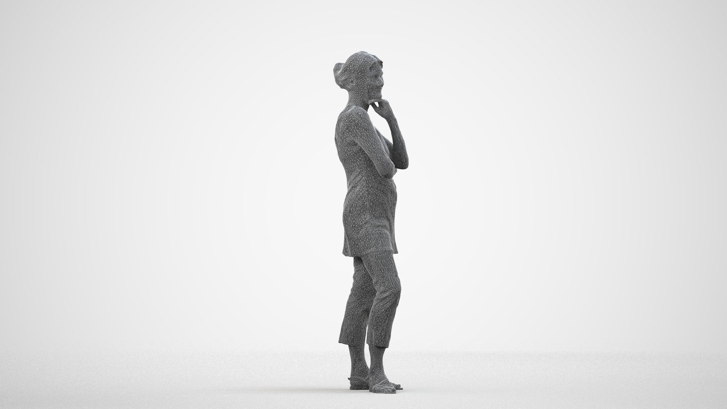 realistic 3D people senior woman casual standing, render-ready for V-Ray and Corona, FBX OBJ, wireframe side view