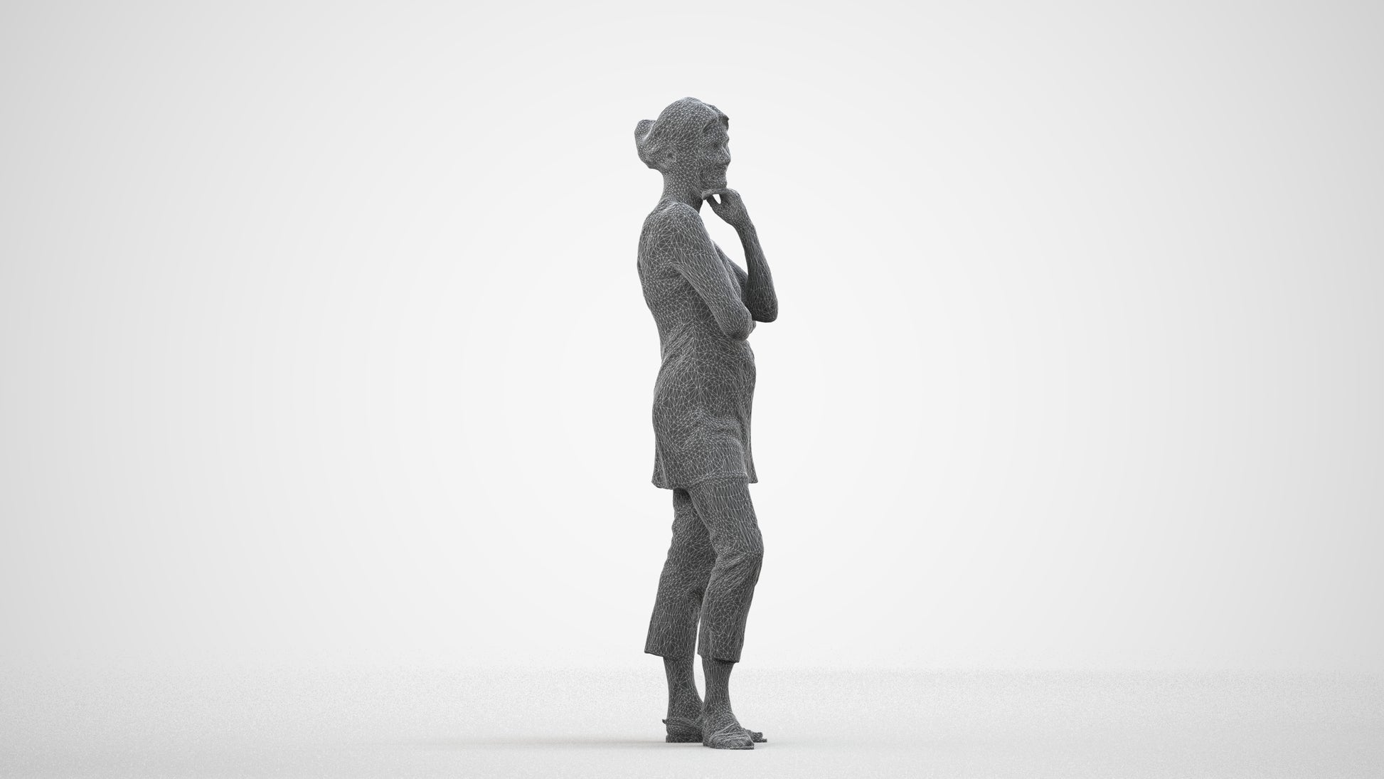 realistic 3D people senior woman casual standing, render-ready for V-Ray and Corona, FBX OBJ, wireframe side view