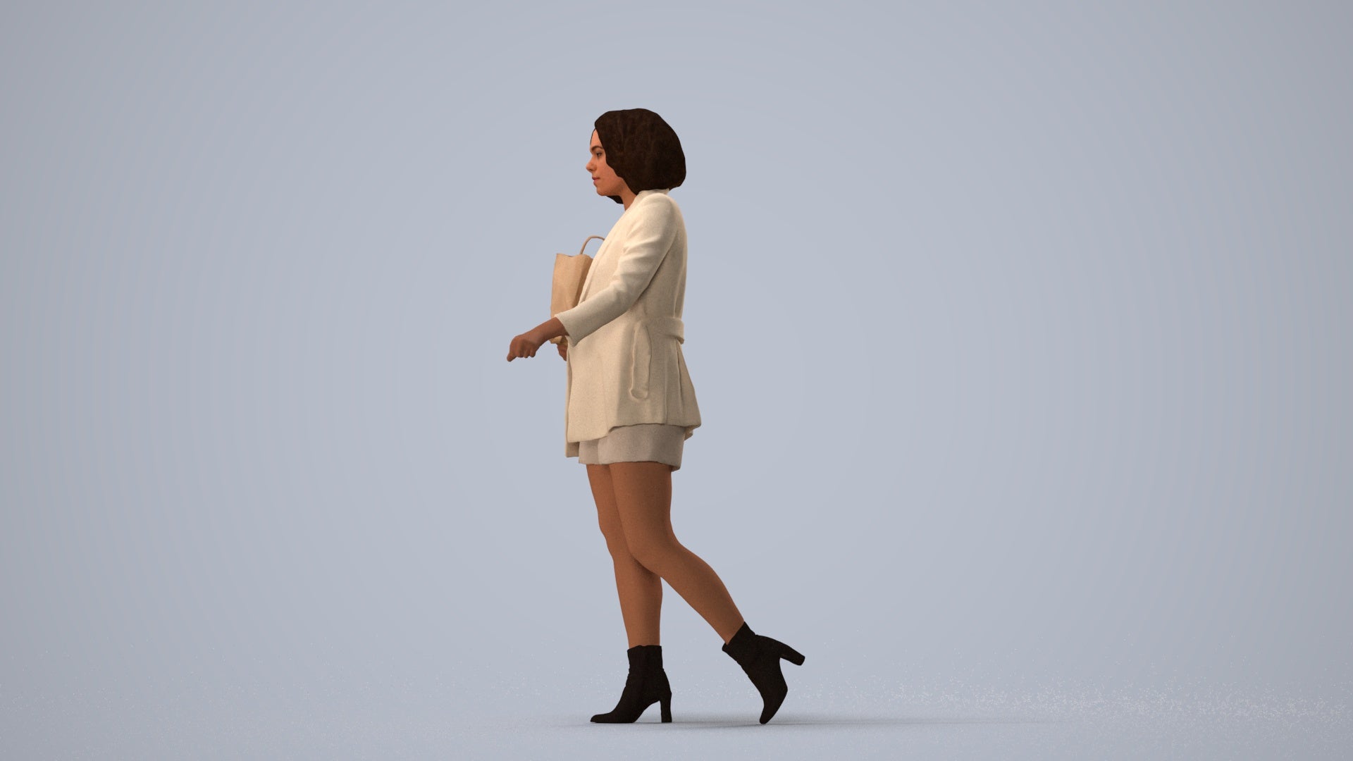 3D human model woman casual shopping, photogrammetry scanned person for archviz, three-quarter view render