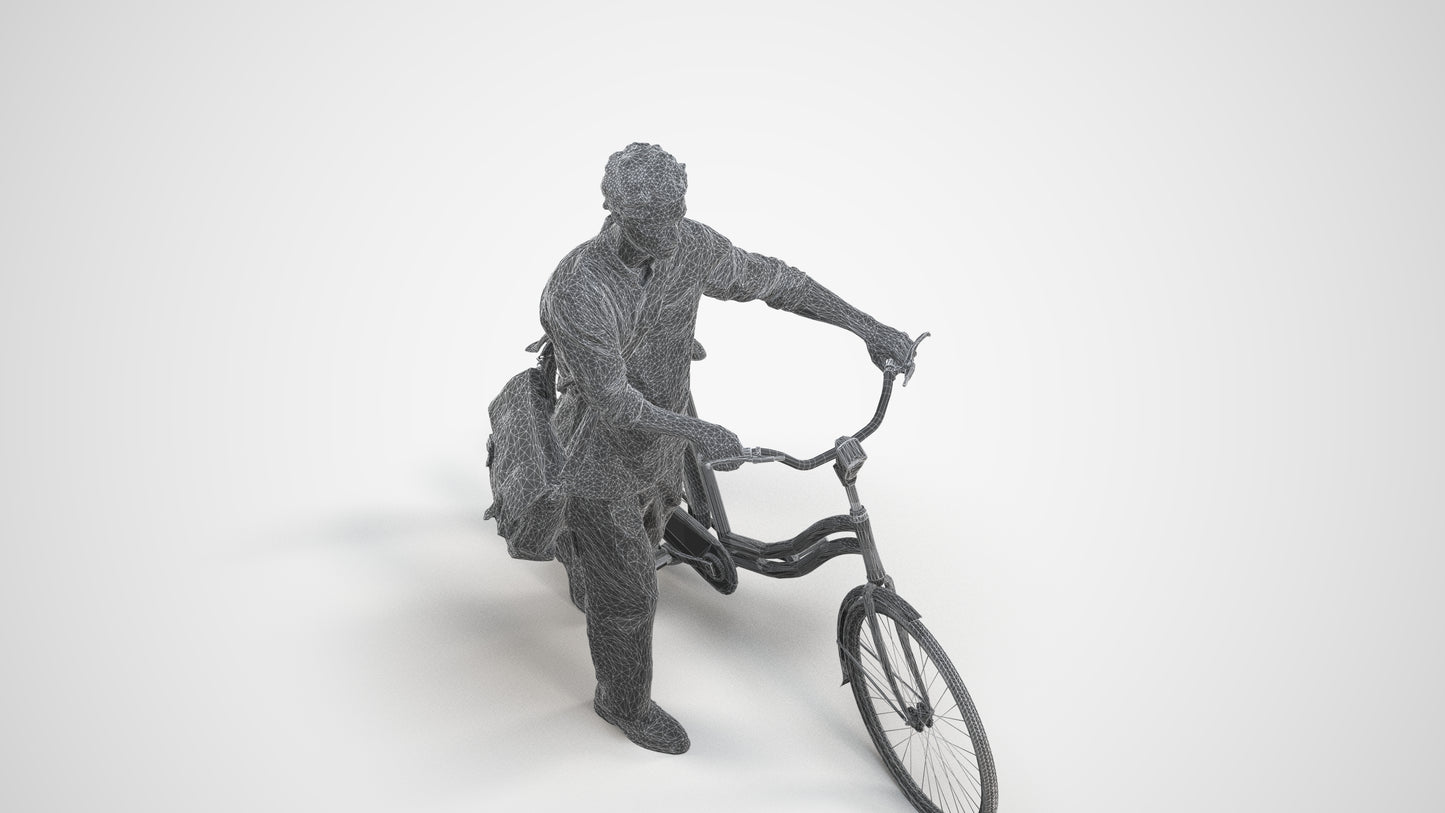 scanned 3D man casual cycling, photogrammetry people for Enscape and V-Ray, wireframe three-quarter view