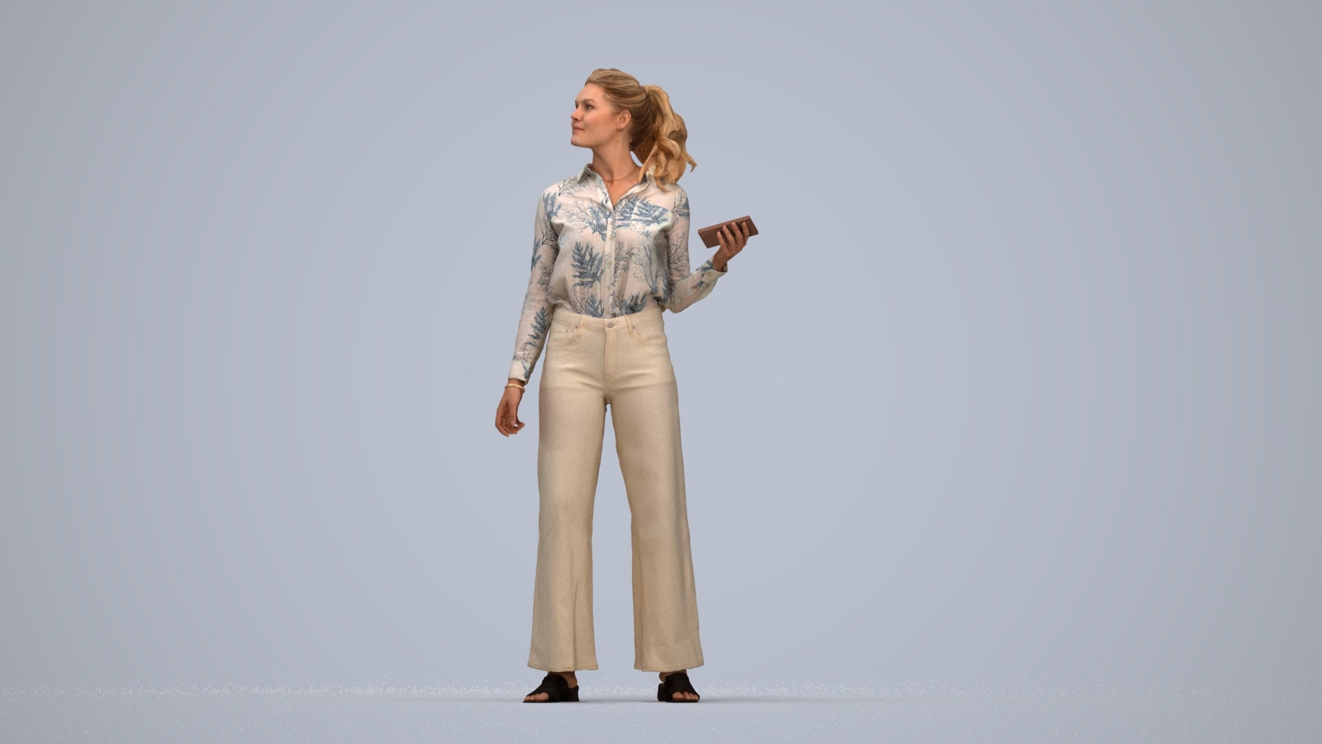 3D scanned woman standing casual, photorealistic archviz people for Enscape and SketchUp, top-down view render