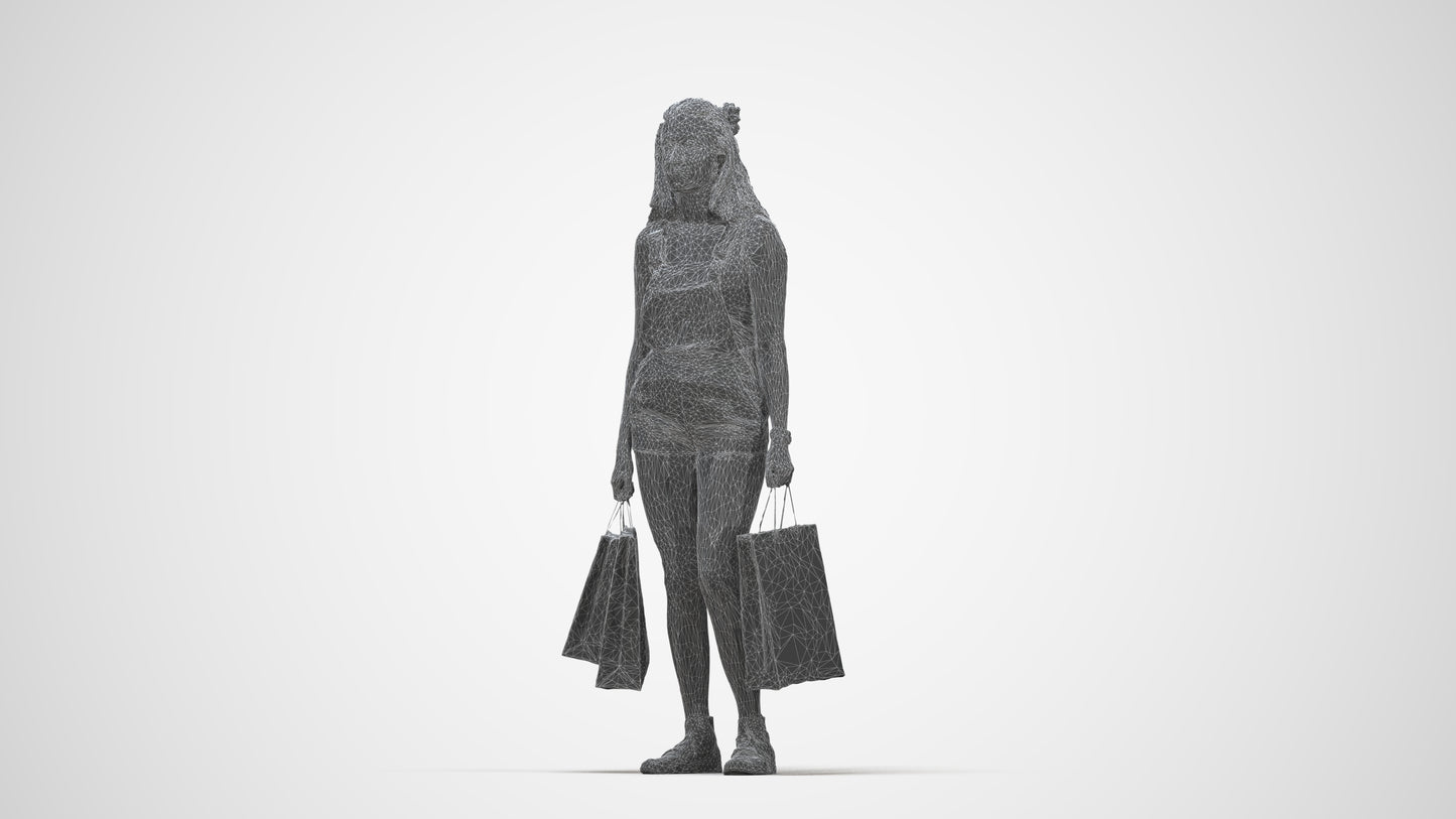 photogrammetry 3D woman casual shopping, realistic human model archviz FBX, wireframe back view