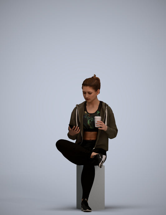 realistic 3D woman sport sitting, scanned archviz people for Blender and 3ds Max