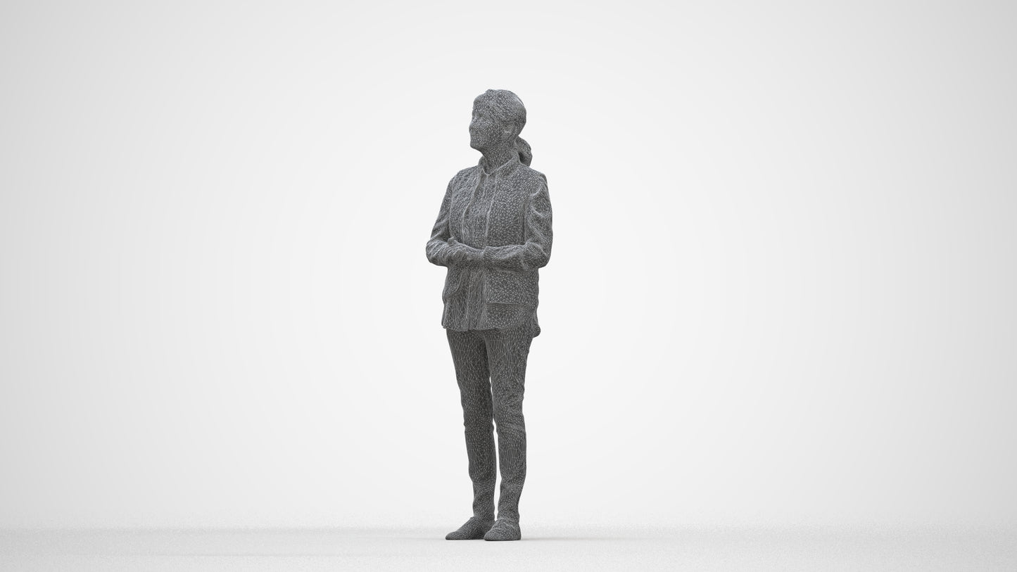 realistic 3D senior woman casual standing, scanned archviz people for Blender and 3ds Max, wireframe back view