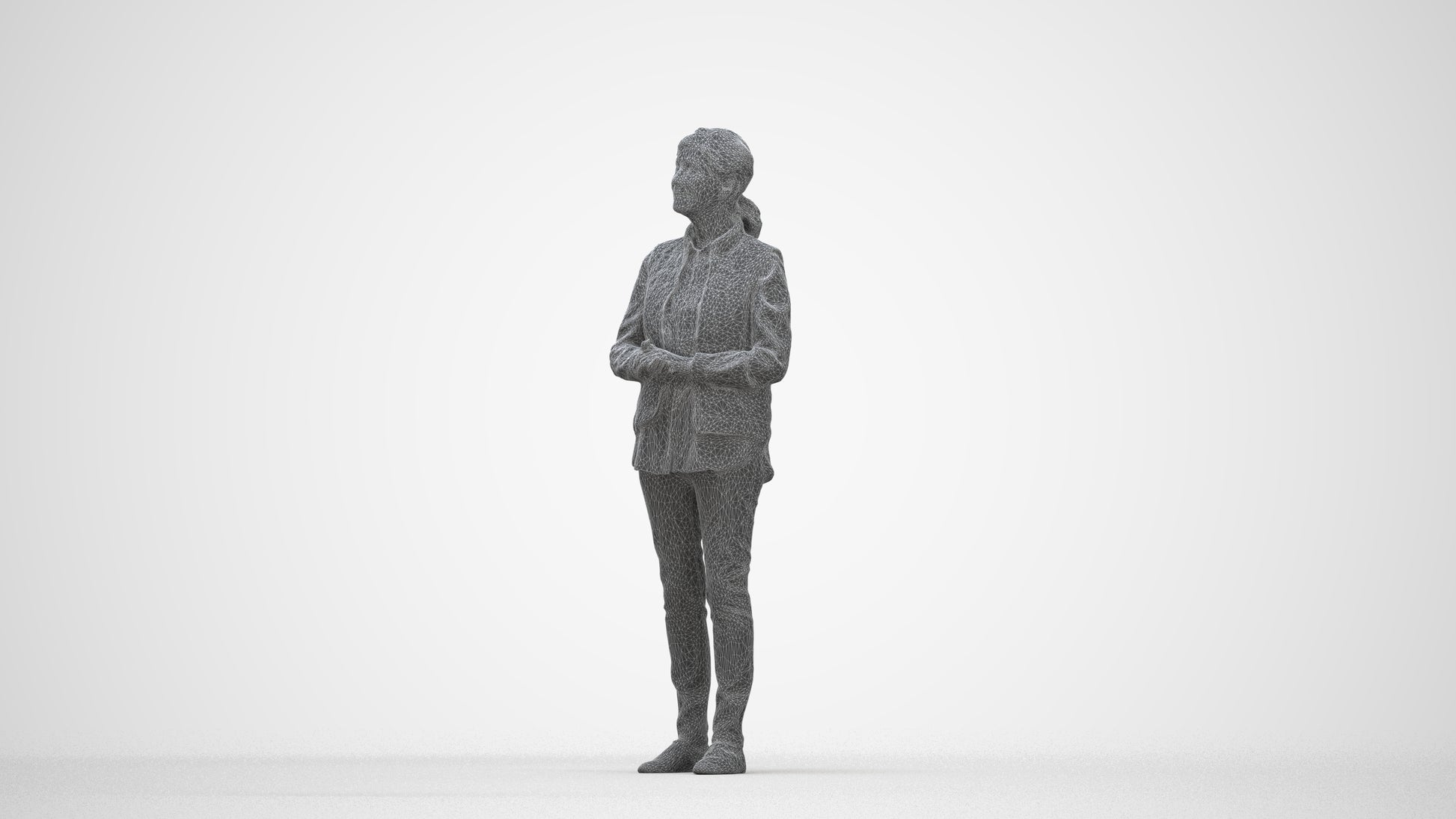 realistic 3D senior woman casual standing, scanned archviz people for Blender and 3ds Max, wireframe back view