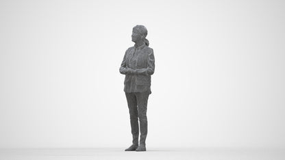realistic 3D senior woman casual standing, scanned archviz people for Blender and 3ds Max, wireframe back view