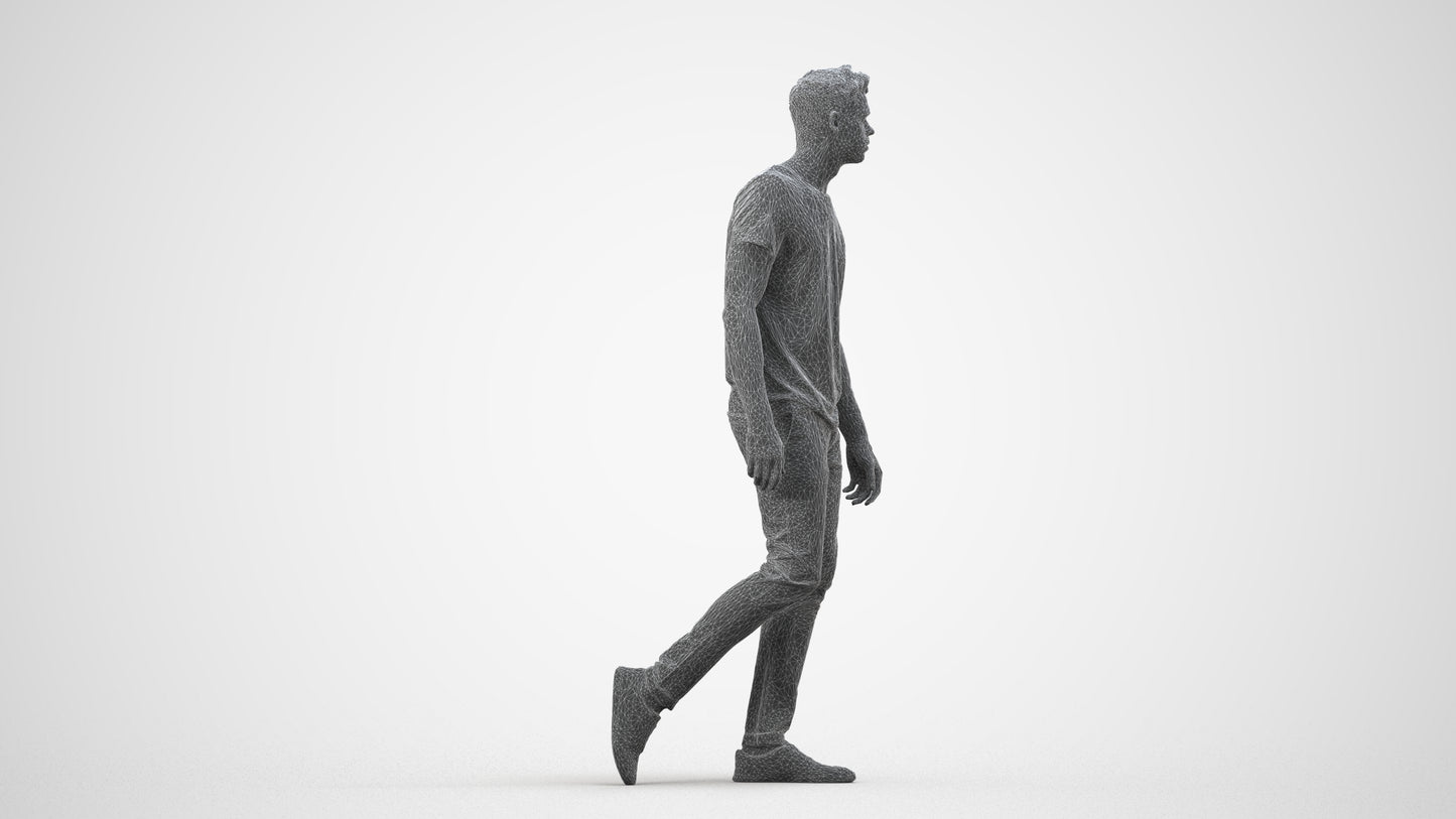 3D human model man casual walking, photogrammetry scanned person for archviz, wireframe side view