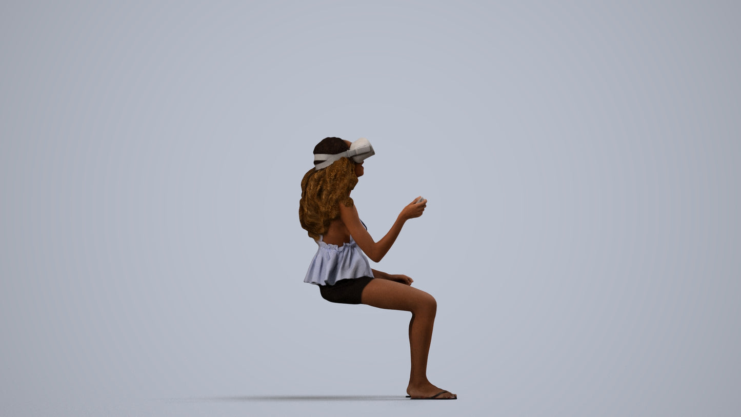 photogrammetry 3D woman casual sitting, realistic human model archviz FBX, side view render