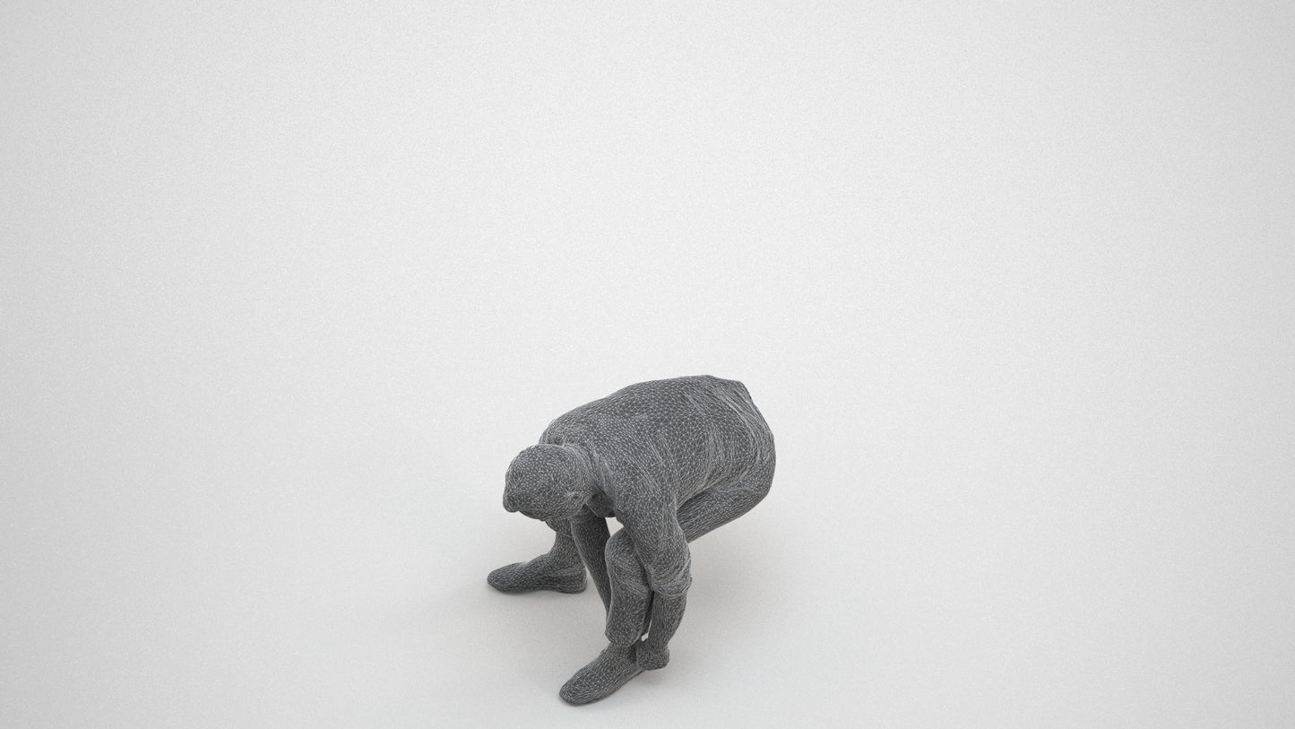 3D scanned man sitting casual, photorealistic archviz people for Enscape and SketchUp, wireframe three-quarter view