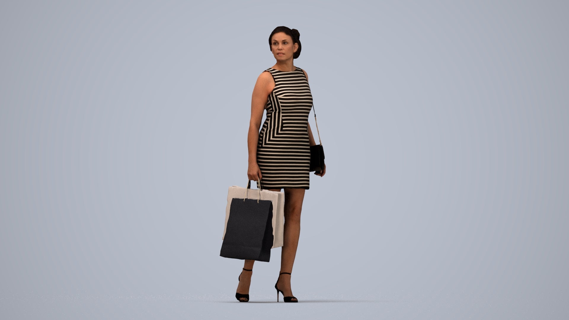 photogrammetry 3D woman casual shopping, realistic human model archviz FBX, top-down view render