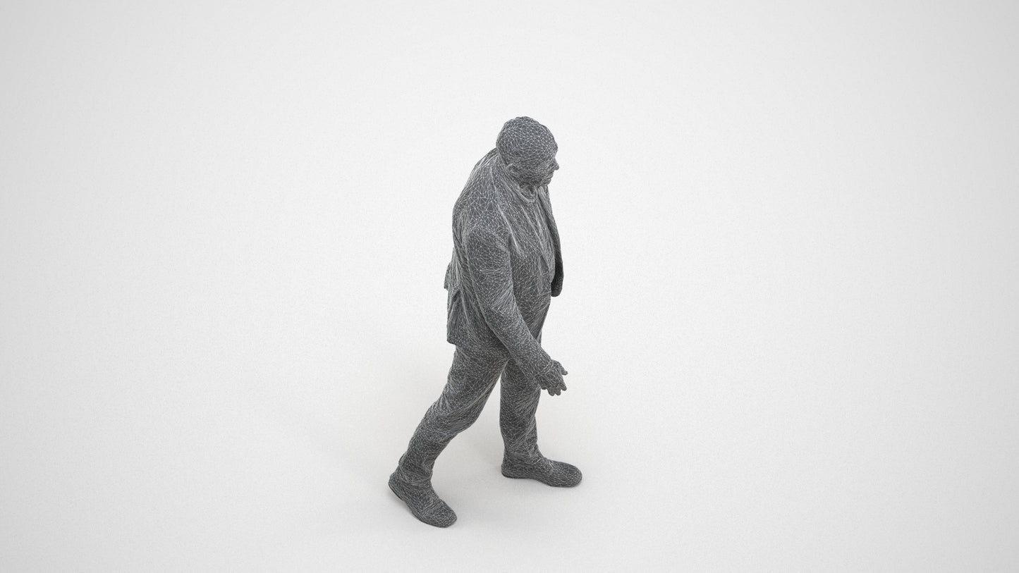 3D scanned senior man walking business, photorealistic archviz people for Enscape and SketchUp, wireframe three-quarter view