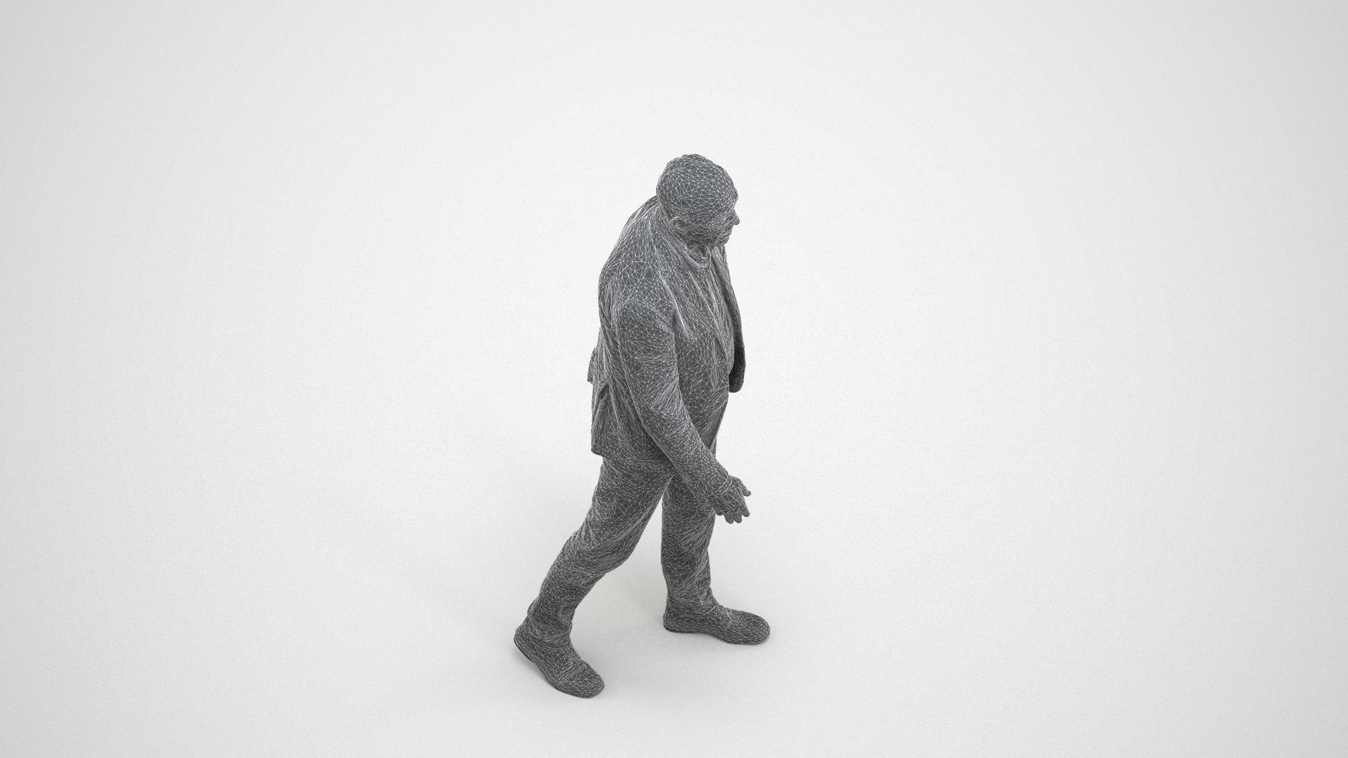 3D scanned senior man walking business, photorealistic archviz people for Enscape and SketchUp, wireframe three-quarter view