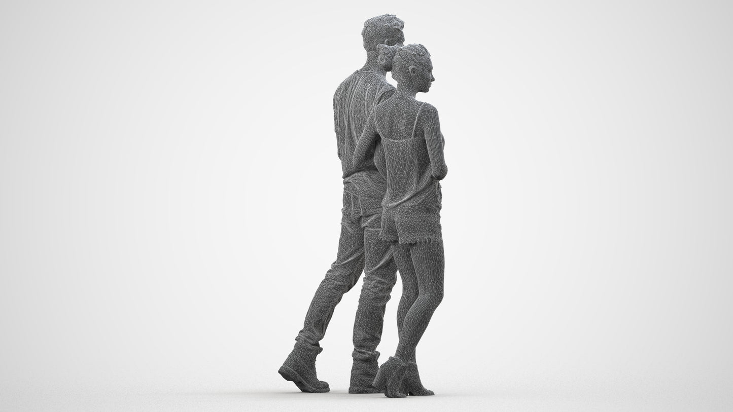 3D people model woman casual couple, scanned human for 3ds Max rendering, wireframe side view