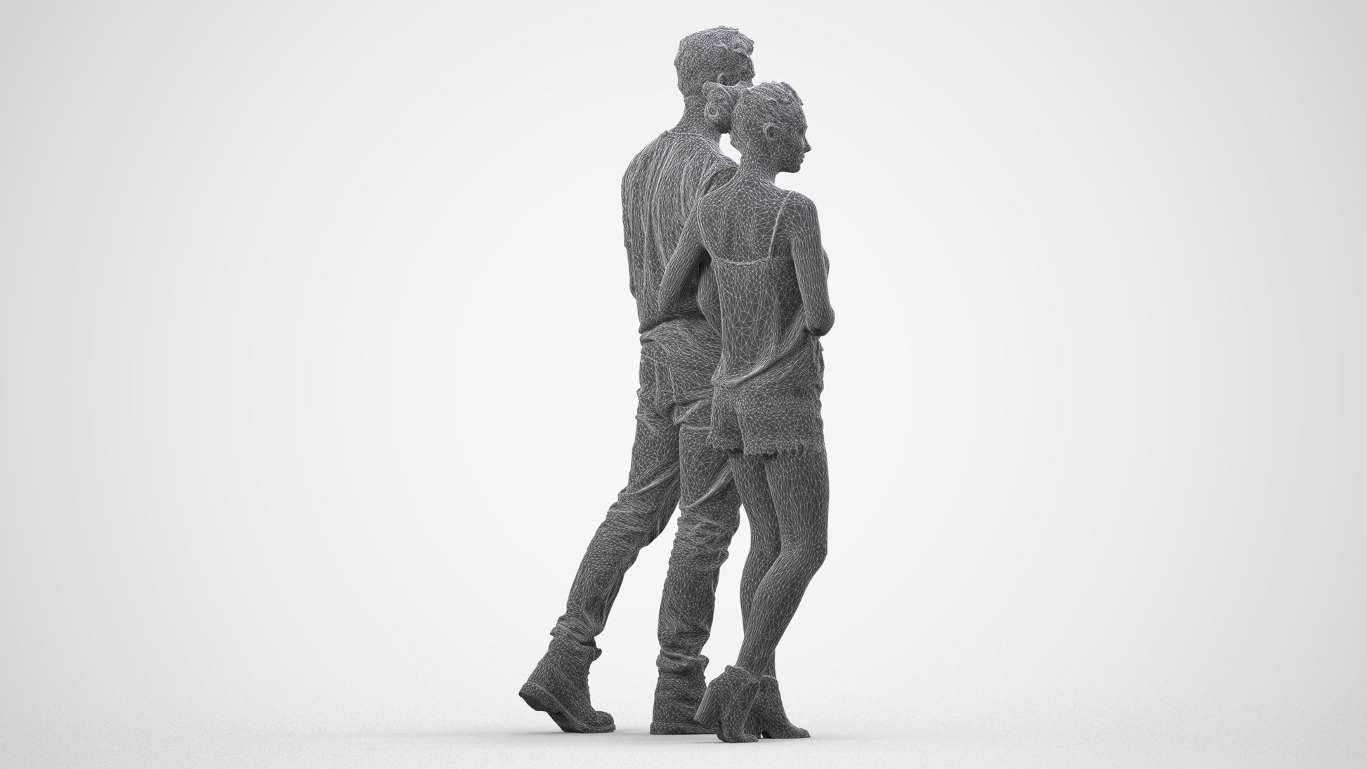 3D people model woman casual couple, scanned human for 3ds Max rendering, wireframe side view