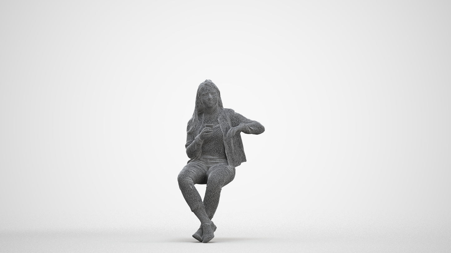 3D people model woman casual sitting, scanned human for 3ds Max rendering, three-quarter front view render