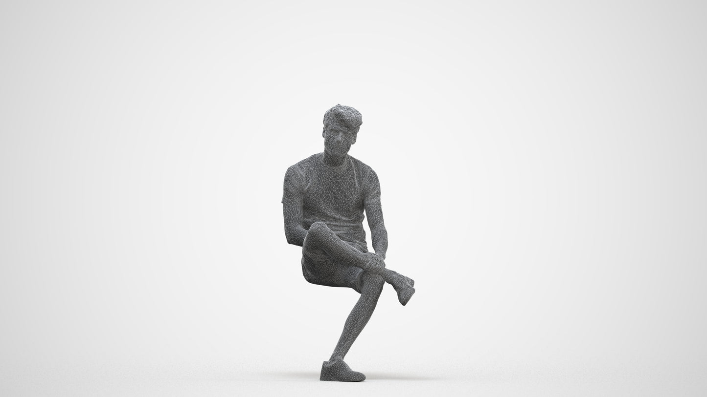 realistic 3D human man casual sitting, archviz people FBX OBJ for Blender, three-quarter front view render