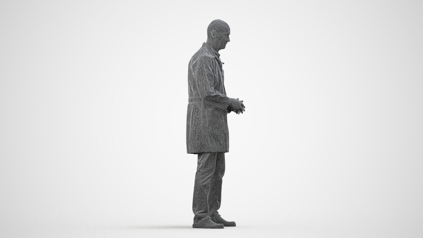 3D scanned senior man medical, photorealistic archviz people for Enscape and SketchUp, wireframe side view