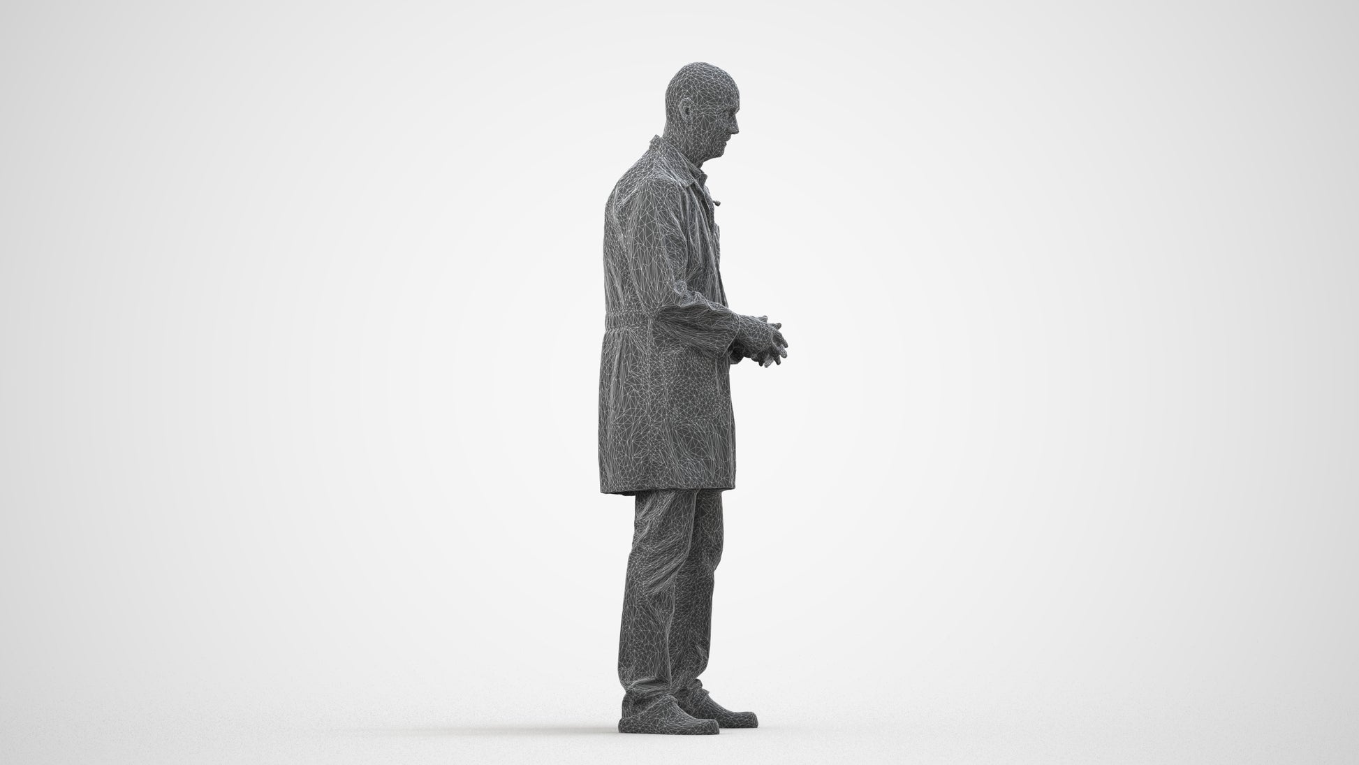 3D scanned senior man medical, photorealistic archviz people for Enscape and SketchUp, wireframe side view