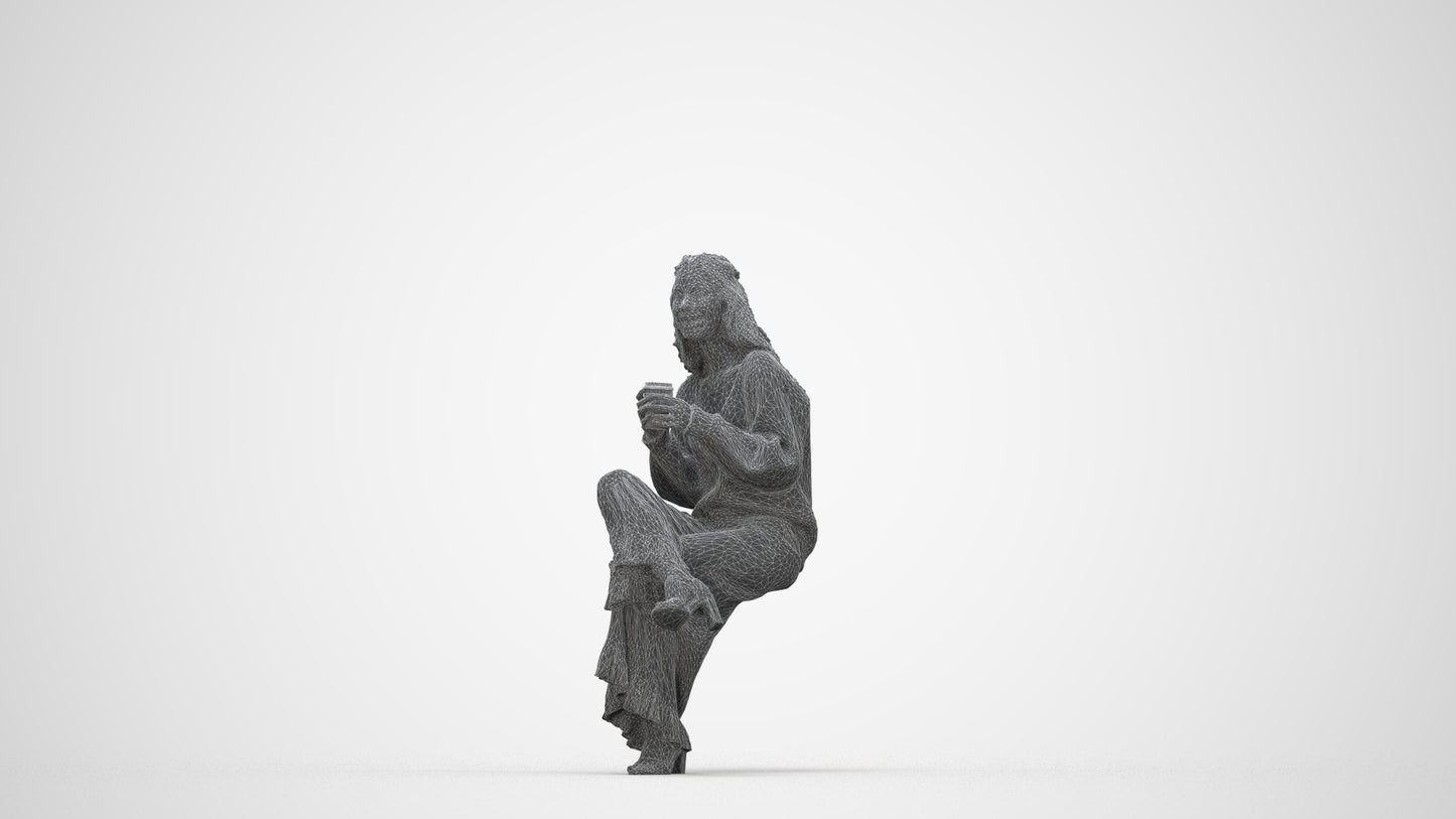 realistic 3D people woman casual sitting, render-ready for V-Ray and Corona, FBX OBJ, wireframe back view