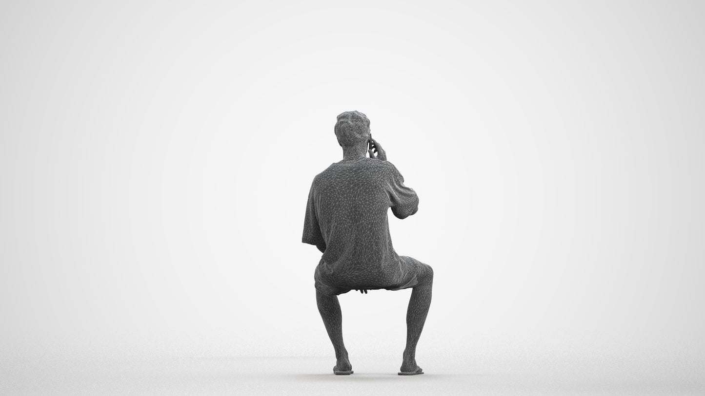 scanned 3D man casual sitting, photogrammetry people for Enscape and V-Ray, wireframe front view