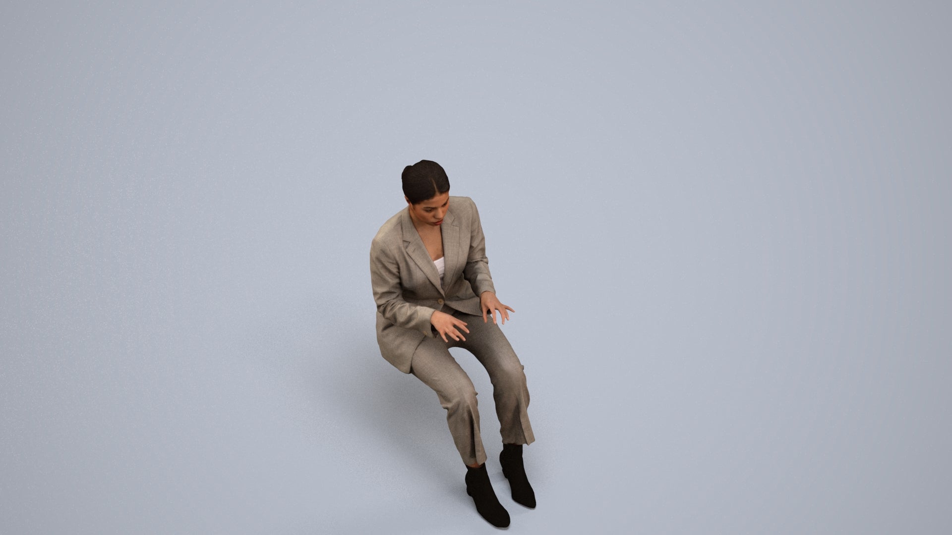 3D human model woman business, photogrammetry scanned person for archviz, back view render