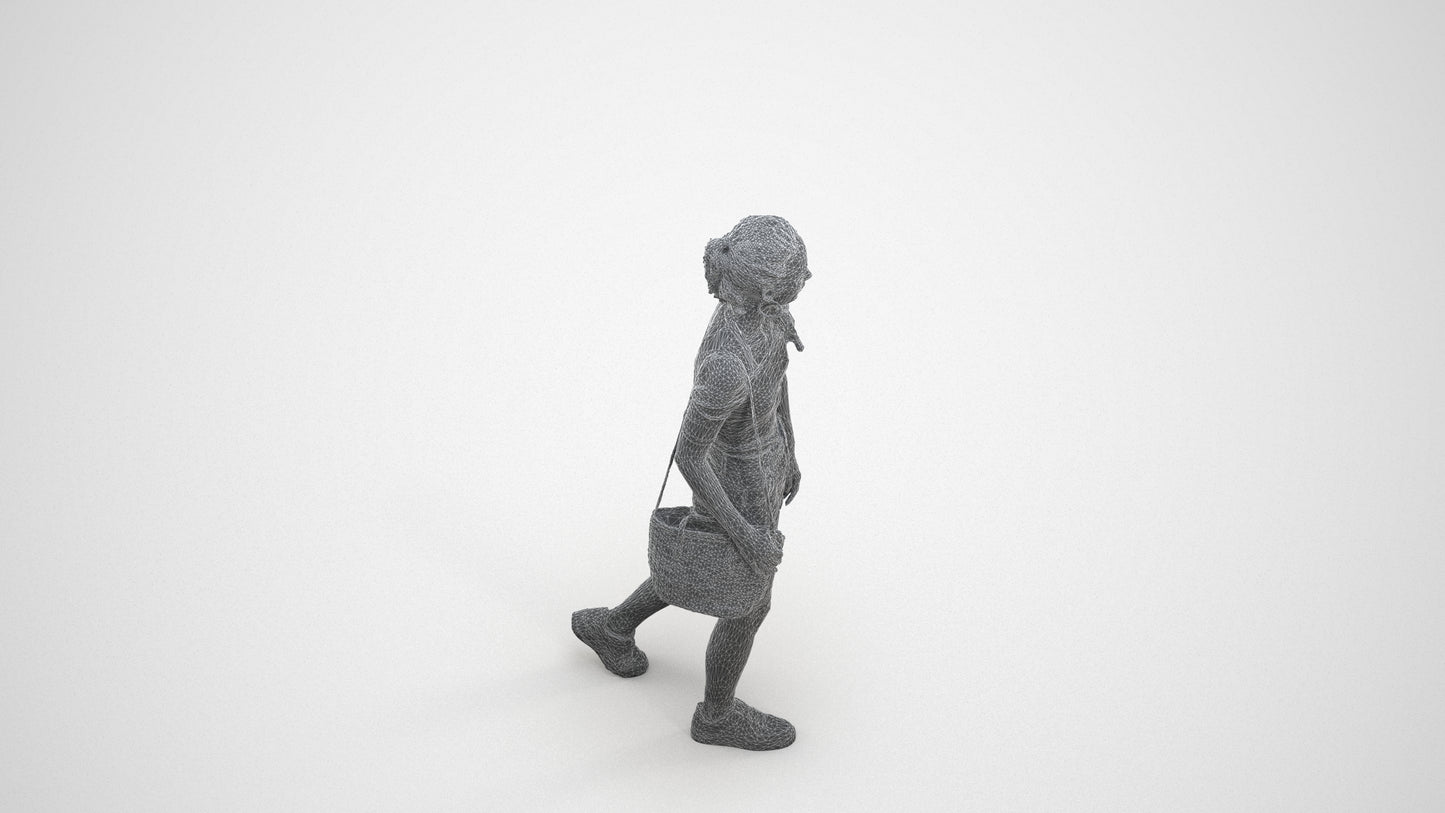 realistic 3D human woman casual walking, archviz people FBX OBJ for Blender, wireframe three-quarter view